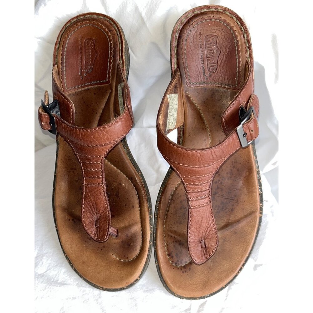 Women's Brown Leather T-Strap Sandals - Picture 9 of 10